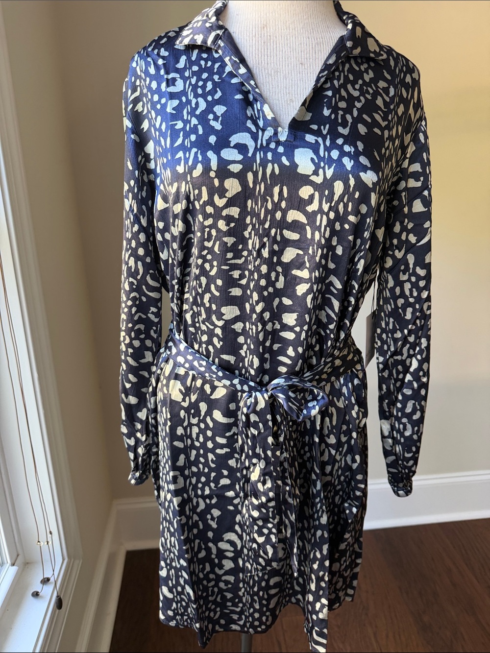 Bella Dahl Navy and White Printed Tie-Waist Shirt Dress